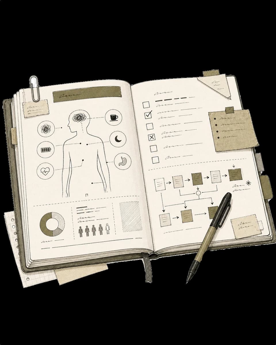 Cuaderno de trabajo Burnout Salud con mapa corporal y acciones aplicables.