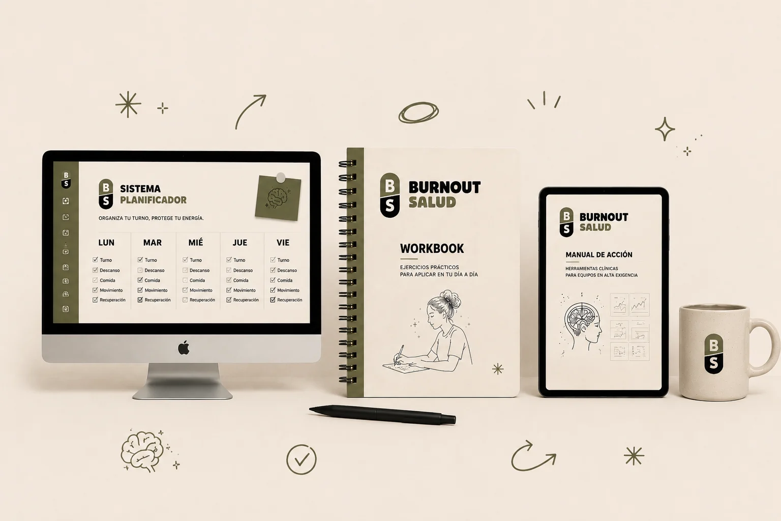 Sistema completo Burnout Salud con guía, manual y planificador.